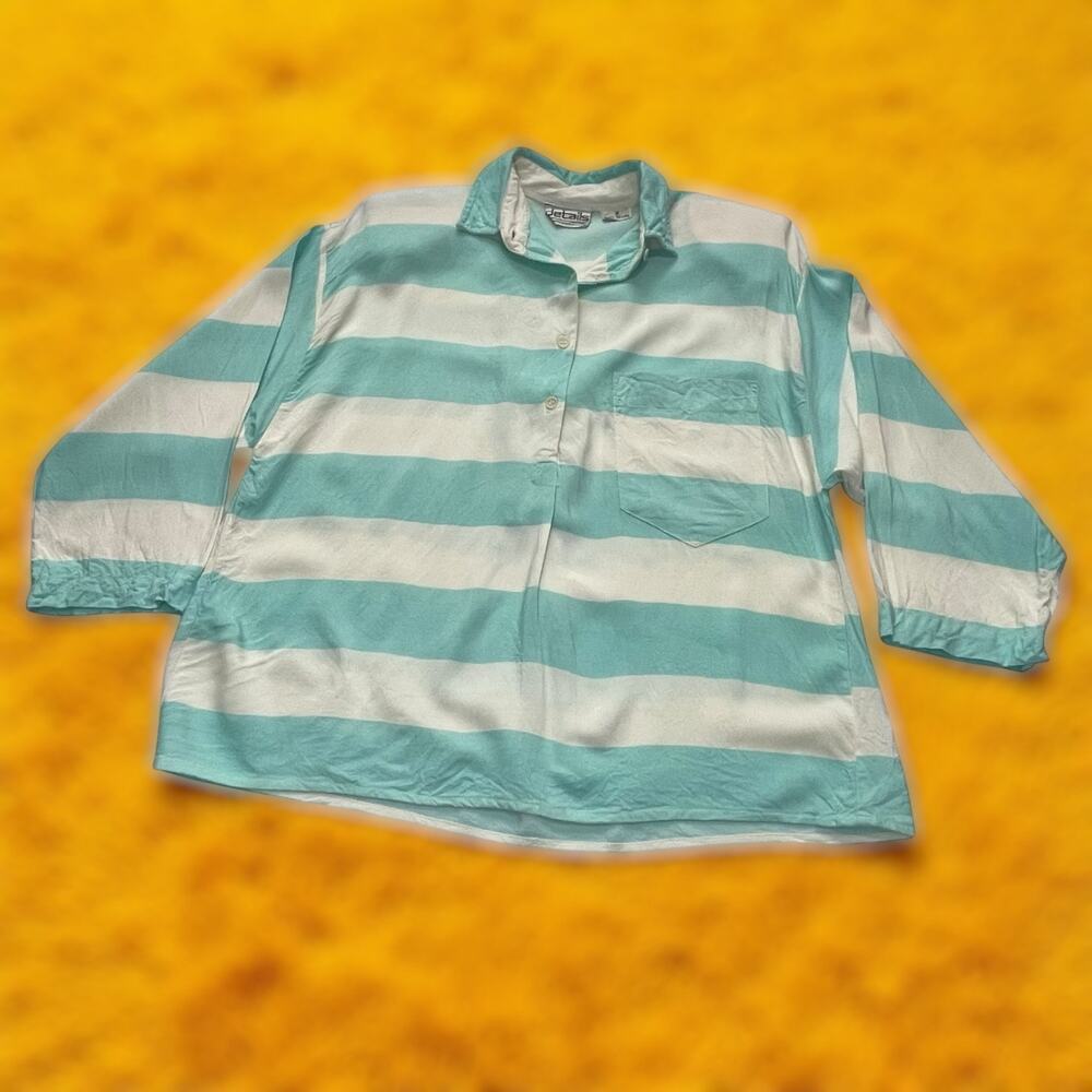 Vintage Details Blue & White Striped Rayon Top Size Small Long Sleeve 3/4 Button